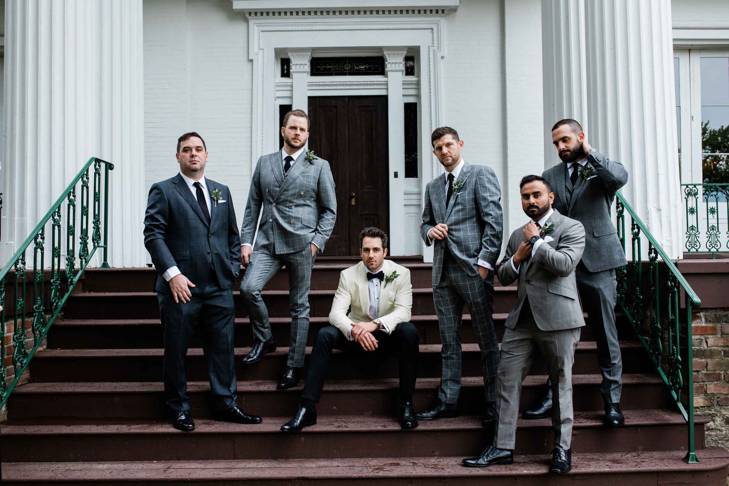 ivory tuxedo, charcoal suit, grey suit, windowpane suit, groom, groomsmen, wedding, custom suits