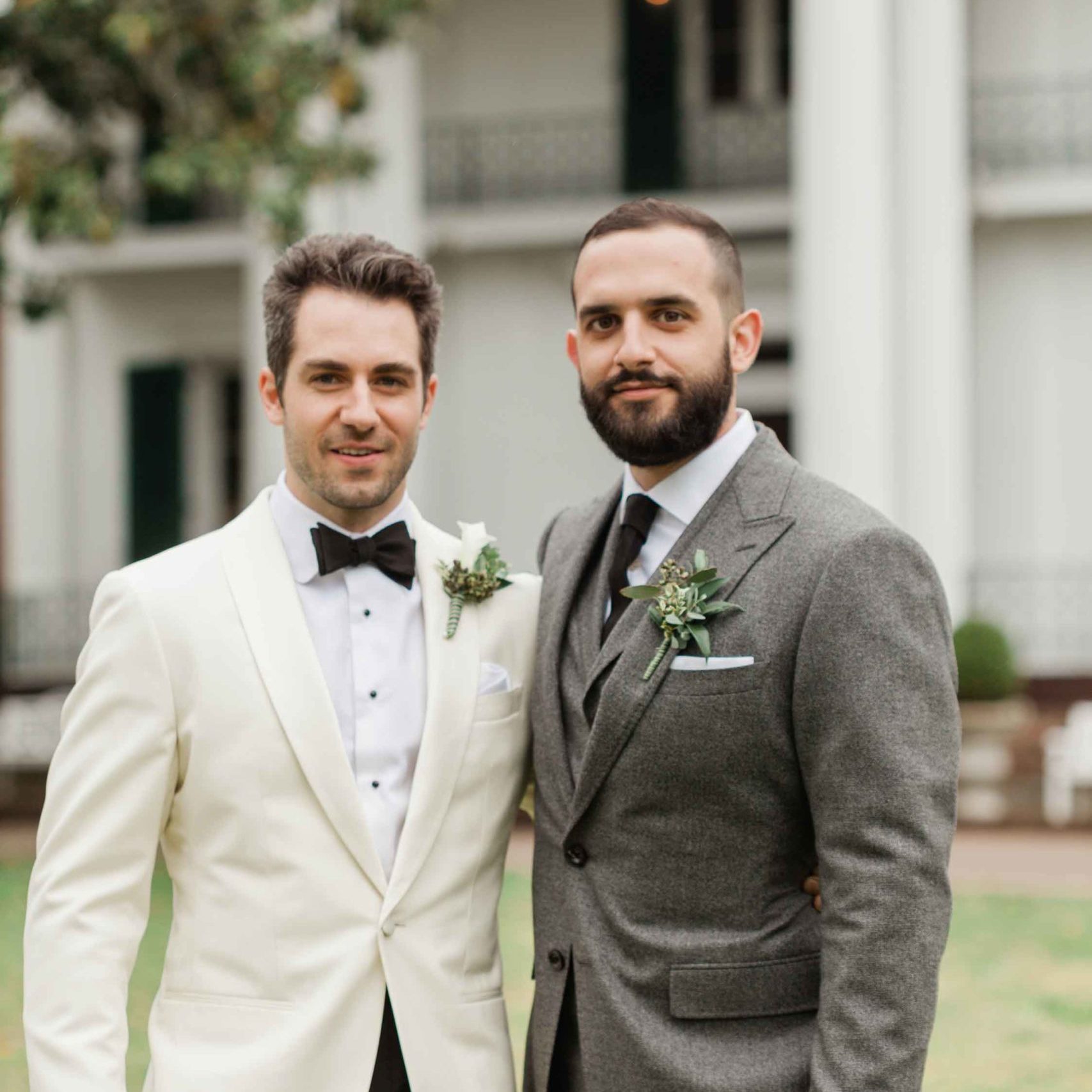 groom, groomsman, best friends, southern wedding, boutonniere, grey suit, ivory tuxedo